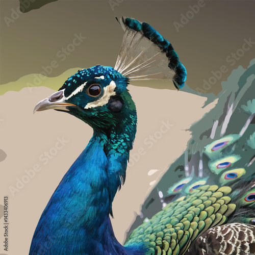 Captivating close-up of a proud and regal peacock displaying its feathers. 
