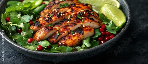 Grilled Chicken Salad Bowl with Fresh Greens, Pomegranate, and Lime