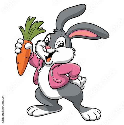 19.epsEk khush cartoon rabbit hai jo ek badi si gajar haath mein pakde hua hai. Usne pink jacket pehni hai aur confident pose mein khada hai. Ye image ek energetic aur healthy bunny ko dikhata hai.