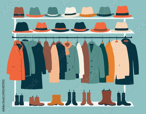 Winter clothes on racks. Fashion warm apparel on hanger. Wardrobe storage. Clothing assortment rail. Secondhand casual garments. Coats at shelving. Hats and boots. Garish