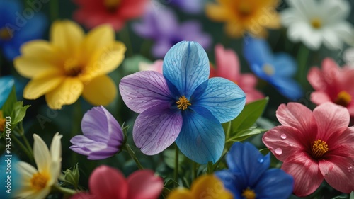 Colorful flowers bloom in garden, close-up, nature background, spring, floral design