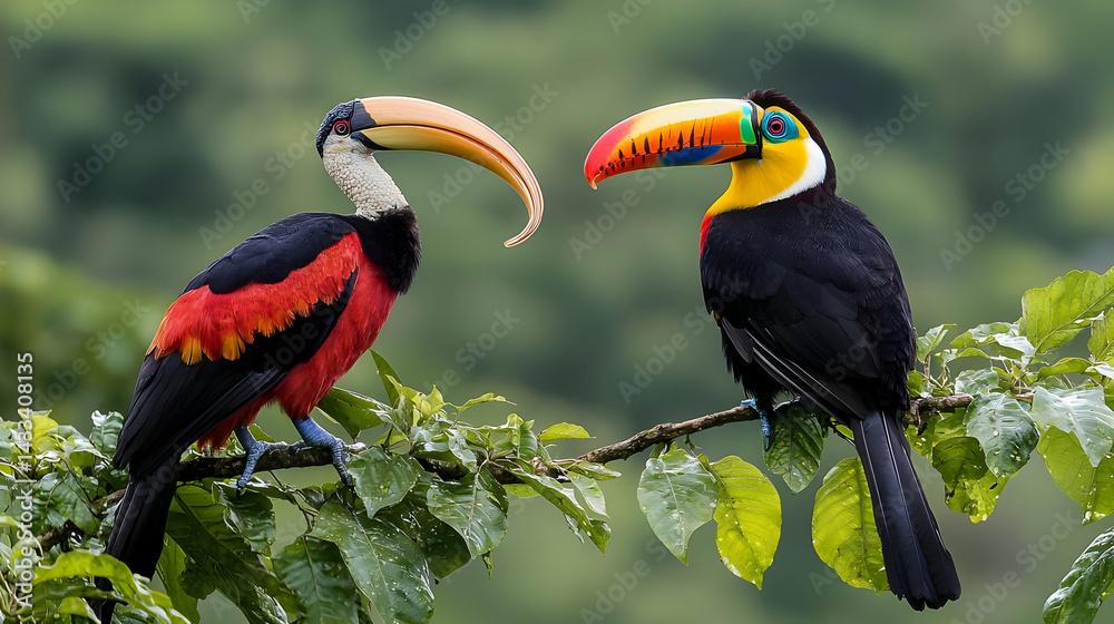 Obraz premium Two Colorful Toucans Perched On Branch In Rainforest