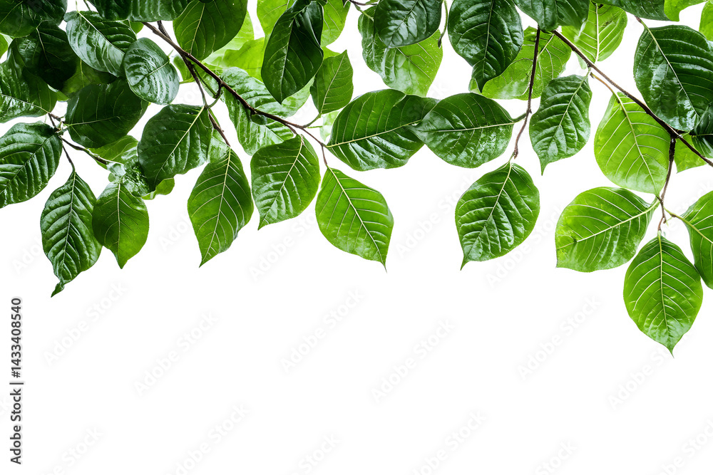 green leaves on tree branch isolated white background cutout copy space,
