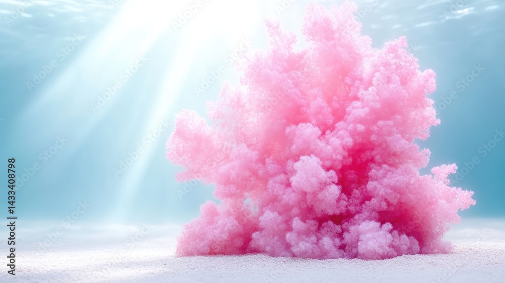Fototapeta premium Pink Coral Reef Underwater Scene Dreamlike Soft Lighting, Close-up Detailed Texture, Flourishing Marine Life, Ocean Floor Backdrop, Pastel Pink Serenity, Ideal for Nature Conservation Ads