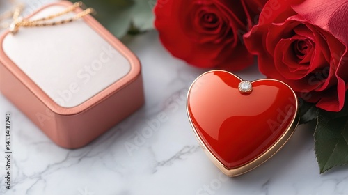 Red heart shaped jewelry box with roses and necklace