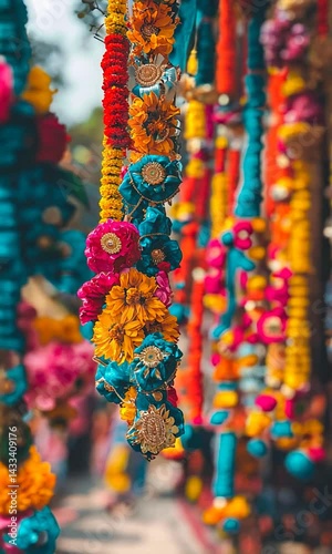 Wallpaper Mural Colorful floral garlands hanging in a vibrant market during a festive celebration Torontodigital.ca