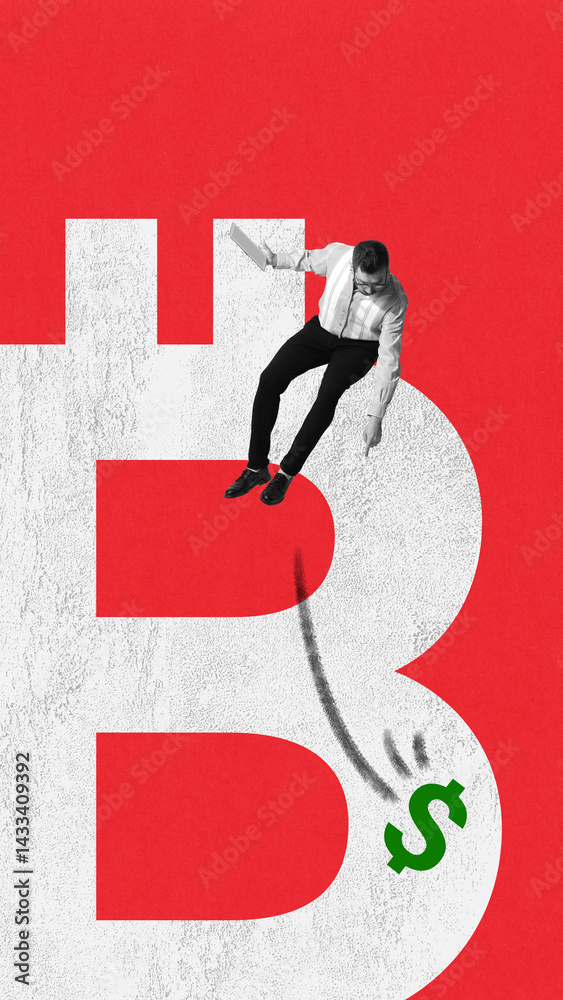 Businessman falling from massive bitcoin logo. Bitcoin crash symbolizing dollar plunge. Conceptual design. Concept of economy, recession, currency devaluation, inflation. Photocopy effect