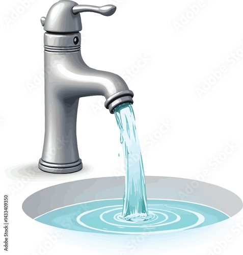 Illustration of water faucet tap with running water in sink for plumbing and water conservation concept