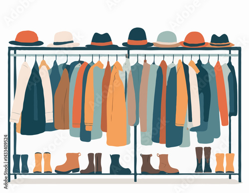 Winter clothes on racks. Fashion warm apparel on hanger. Wardrobe storage. Clothing assortment rail. Secondhand casual garments. Coats at shelving. Hats and boots. Garish