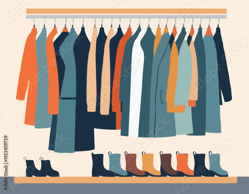 Winter clothes on racks. Fashion warm apparel on hanger. Wardrobe storage. Clothing assortment rail. Secondhand casual garments. Coats at shelving. Hats and boots. Garish