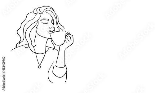 Woman drink coffee line art drawing. Barista made tea on white background. Enjoying the moment now. Vector illustration	