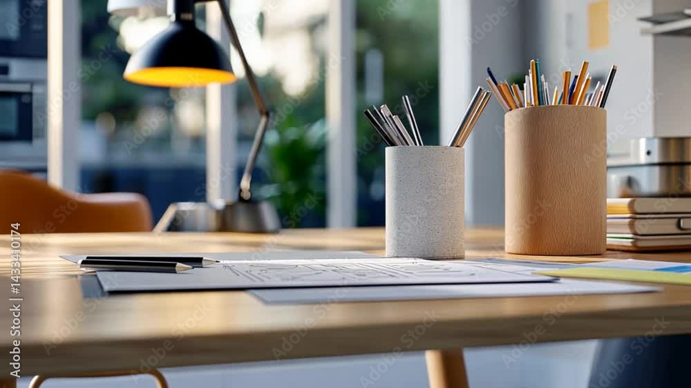 A modern workspace featuring two pen holders, a sketchbook, and a well-lit desk with greenery outside