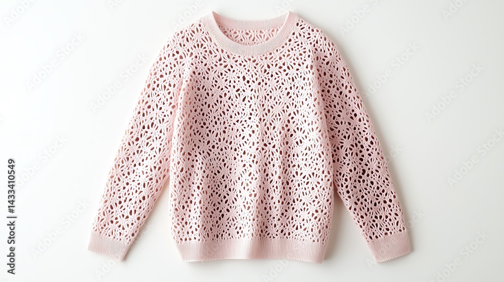 Obraz premium Isolated on white, delicate laceknit long sleeve sweater in soft blush pink, romantic and feminine aesthetic, realistic photo