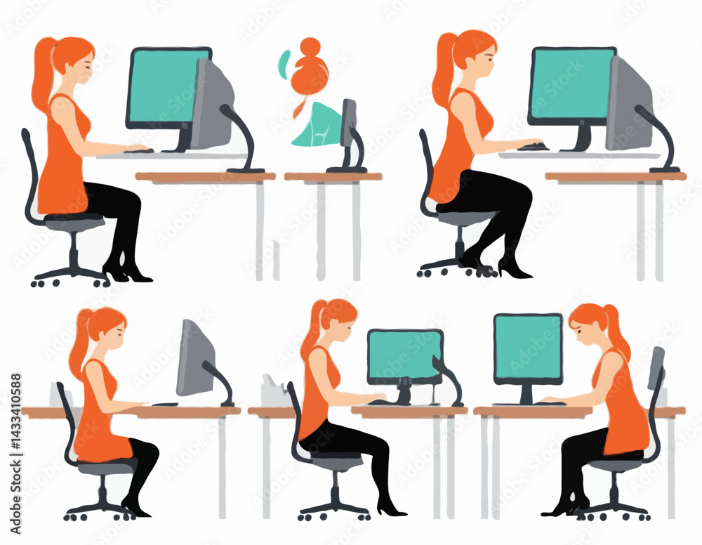 Correct good position vs bad incorrect posture for sitting at computer desk. Right and wrong back and neck poses of woman at workplace. Flat graphic vector illustration isolated on white background Correct good position vs bad incorrect posture for sitting at computer desk. Right and wrong back and neck poses of woman at workplace. Flat graphic vector illustration isolated on white background