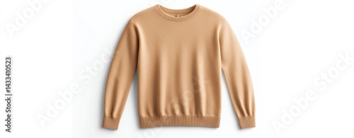 Isolated on white, beige cashmere long sleeve sweater with ribbed cuffs and hem, premium soft texture, realistic photo