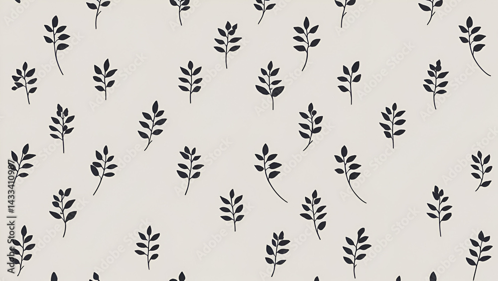 Repeating minimalistic leaf pattern in black and white, featuring small plant silhouettes, designed as a vector for artwork, stationery, and tattoo ideas Repeating minimalistic leaf pattern in black and white, featuring small plant silhouettes, designed as a vector for artwork, stationery, and tattoo ideas