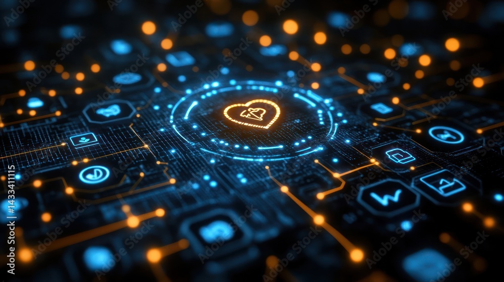Digital heart icon glowing on futuristic circuit board. Digital heart icon glowing on futuristic circuit board.