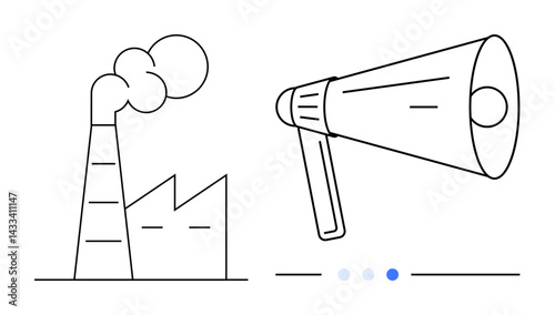 Factory emitting smoke and a megaphone suggesting awareness, activism, and announcements. Ideal for environment, industry, awareness, advocacy, messaging, sustainability simple landing page