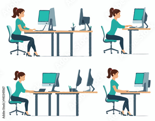 Correct good position vs bad incorrect posture for sitting at computer desk. Right and wrong back and neck poses of woman at workplace. Flat graphic vector illustration isolated on white background