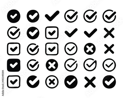 Check mark and cross icon set vector, black approval and rejection symbols for design, 