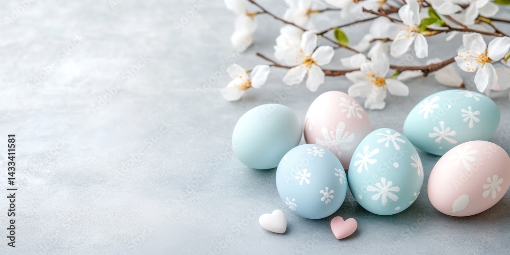 Obraz premium Pastel Easter Eggs and Blossoming Branches Decor