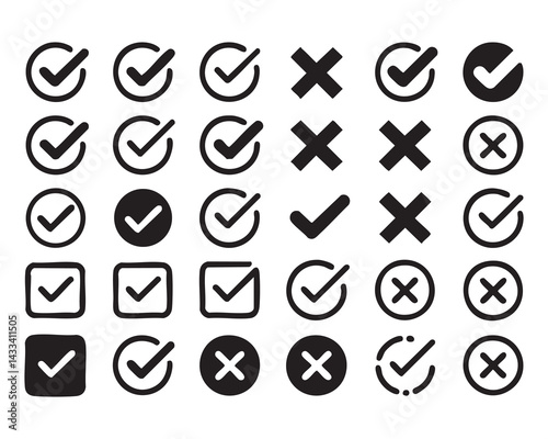 Check mark and cross icon set vector, black approval and rejection symbols for design, 