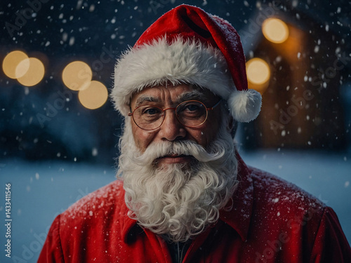 Multinational Santa portrait with snow and holiday lights.
