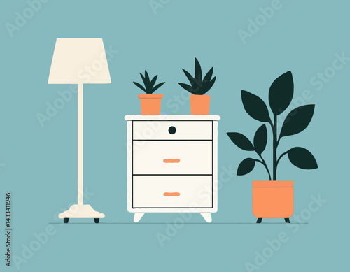A simple illustration of a nightstand with a lamp, two plants, and a drawer.