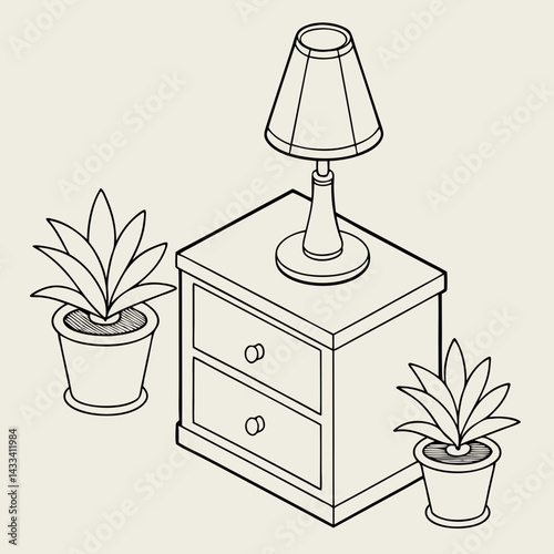 A simple illustration of a nightstand with a lamp, two plants, and a drawer.
