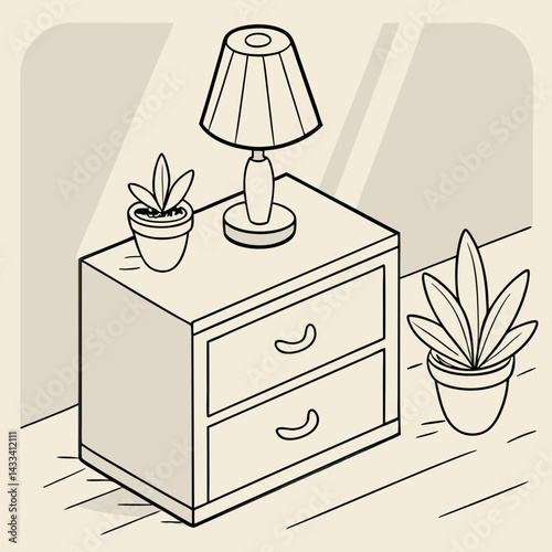 A simple illustration of a nightstand with a lamp, two plants, and a drawer.