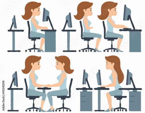 Correct good position vs bad incorrect posture for sitting at computer desk. Right and wrong back and neck poses of woman at workplace. Flat graphic vector illustration isolated on white background