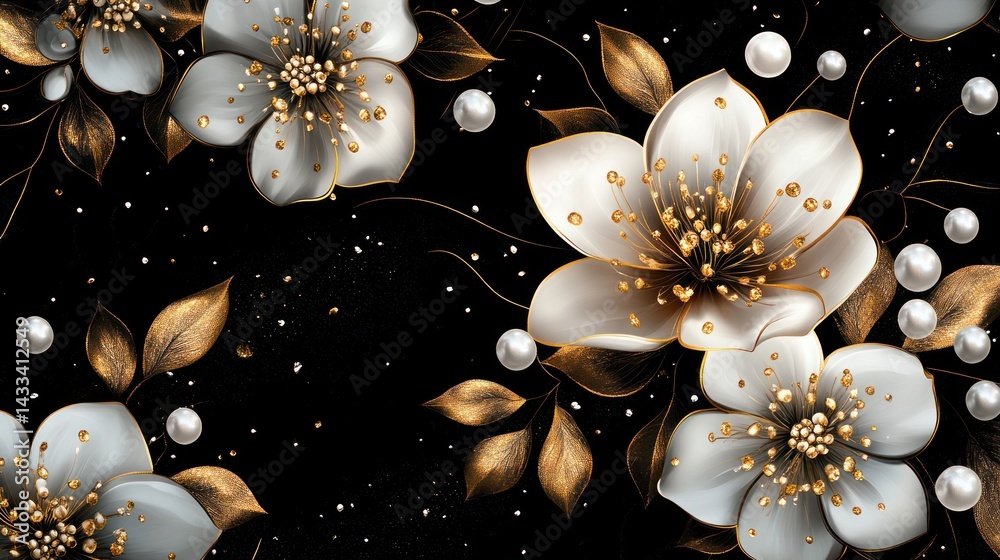 Fototapeta premium Floral background with white blossoms and golden leaves for web design or print