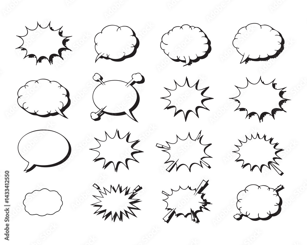Naklejka premium Hand-drawn comic speech bubble and explosion shape icon set vector, black outline dialog and action elements for comics, pop art, graphic design, stickers, memes, and creative projects