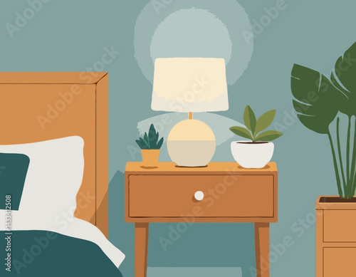 A simple illustration of a nightstand with a lamp, two plants, and a drawer.