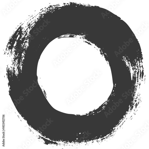 Circular black ink brush stroke on a white background showcases artistic simplicity
