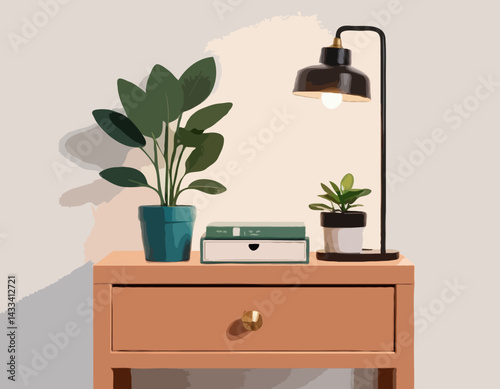 A simple illustration of a nightstand with a lamp, two plants, and a drawer.