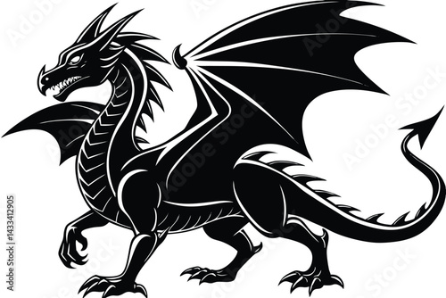 Fierce Dragon Silhouette, Black and White with Wings and Spiked Tail Art