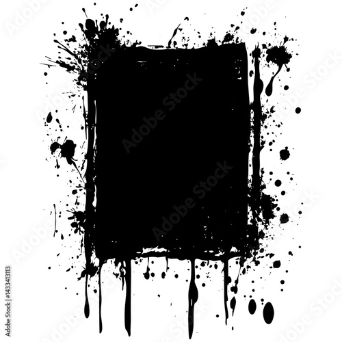 Black paint splash with dripping edges creating a bold design element on white background