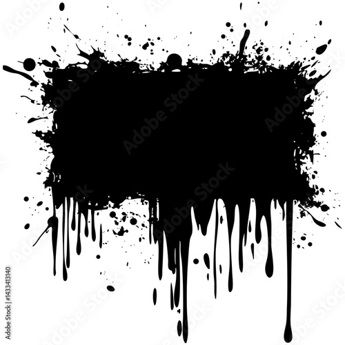 Black paint splash creates an abstract border with dripping edges on a white background