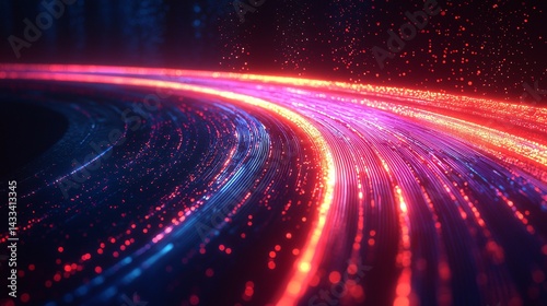 abstract glowing arrow made of fiber optic lines, bursting upward on a gradient black to deep blue background, concept of rapid innovation