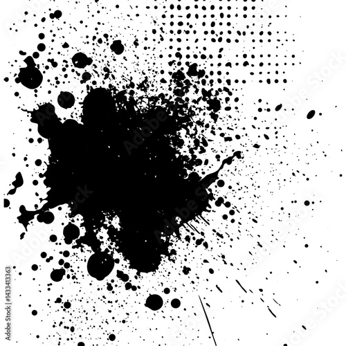 Black ink splatter on white background creating an abstract artwork