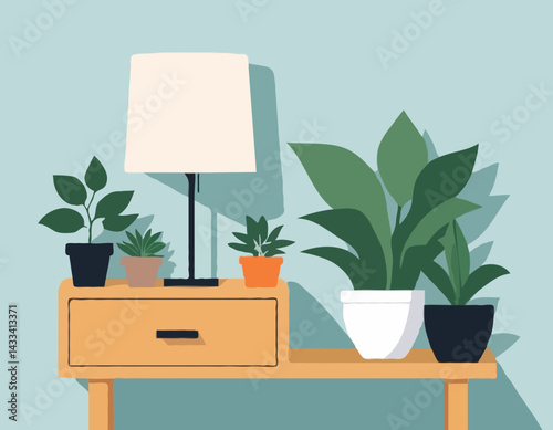 A simple illustration of a nightstand with a lamp, two plants, and a drawer.