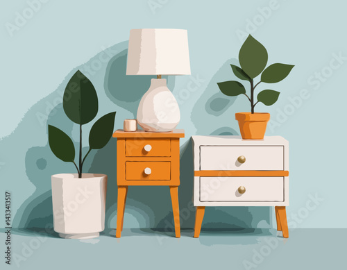 A simple illustration of a nightstand with a lamp, two plants, and a drawer.
