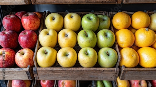 Colorful Fruit Display in Wooden Crates