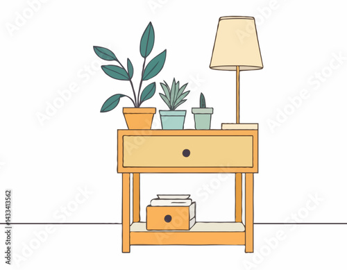 A simple illustration of a nightstand with a lamp, two plants, and a drawer.