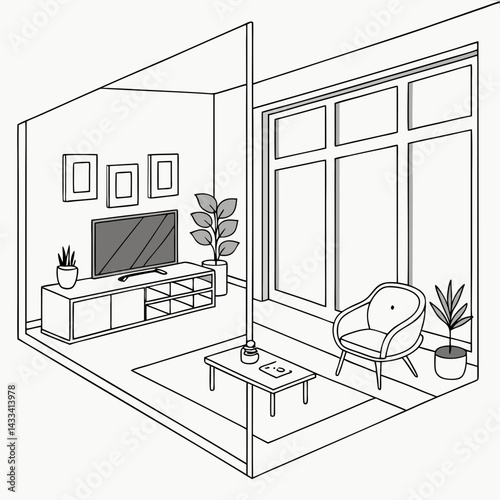 A digital illustration depicting a split view of a modern living room. The left side shows a minimalist design with a white sofa, coffee table, side chair, potted plants (including a large)