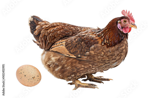 Hen laying its speckled egg in a natural setting on a white background