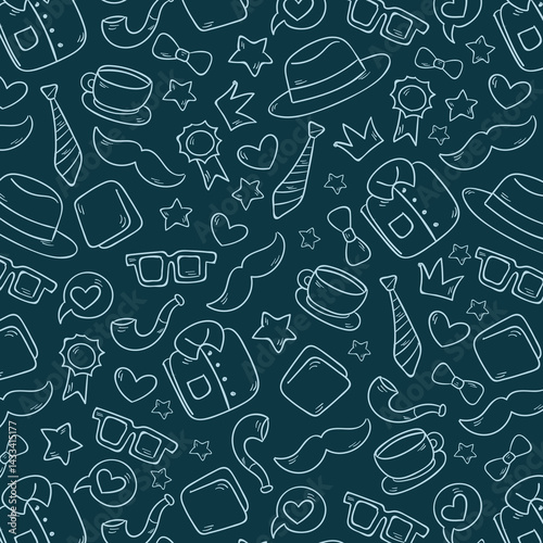 Seamless pattern with tie, hat, mustache and glasses. Modern background for Father's Day.
