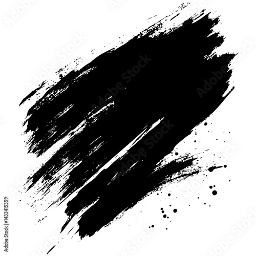 Bold black paint stroke with splatters on a white canvas background