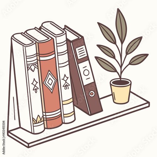 Bookshelf with classic novels for reading. Book spines, covers standing upright in row. Fiction literature in home library with potted plant. Flat vector illustration isolated on white background